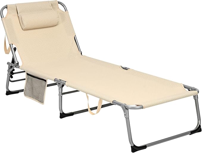 Giantex Lounge Chair Chaise Lounger, Beach Recliner with Mattress, 4 Adjustable Reclining Position, Pillow, Side Pocket for Beach, Sunbathing, Patio, Pool, Lawn, Deck Folding Camping Cot (1, Beige)