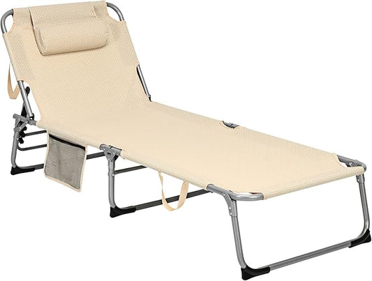 Giantex Lounge Chair Chaise Lounger, Beach Recliner with Mattress, 4 Adjustable Reclining Position, Pillow, Side Pocket for Beach, Sunbathing, Patio, Pool, Lawn, Deck Folding Camping Cot (1, Beige)