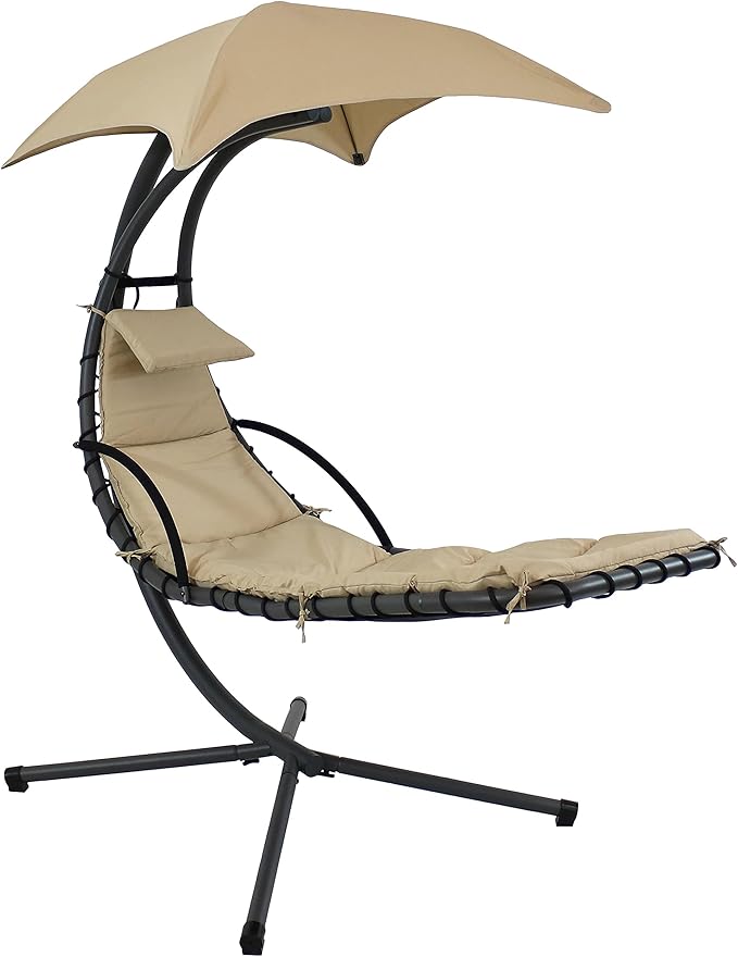 Sunnydaze Floating Chaise Lounger Swing Chair with Umbrella Canopy - Curved Steel Hammock Lounge Chair with Cushion and Pillow - Removable Cushion and Umbrella Shade - 82-Inch Tall - Beige