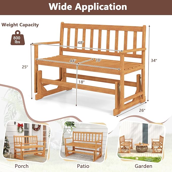 RELAX4LIFE 2-Person Outdoor Glider Bench - Acacia Wood Heavy Duty 800 LBS Double Swing Rocking Chair w/Slatted Seat, Backrest & Armrests, Loveseat Rocker for Porch Garden, 2-Seater Wooden Patio Glider