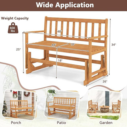 RELAX4LIFE 2-Person Outdoor Glider Bench - Acacia Wood Heavy Duty 800 LBS Double Swing Rocking Chair w/Slatted Seat, Backrest & Armrests, Loveseat Rocker for Porch Garden, 2-Seater Wooden Patio Glider