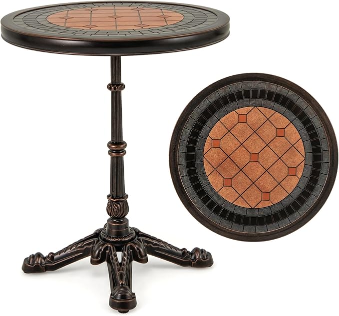 Tangkula 24" Round Patio Dining Table, Weather-Resistant Cast Aluminum Outdoor Table with Carved Texture & Painted Top, for Balcony, Garden, Backyard, Poolside