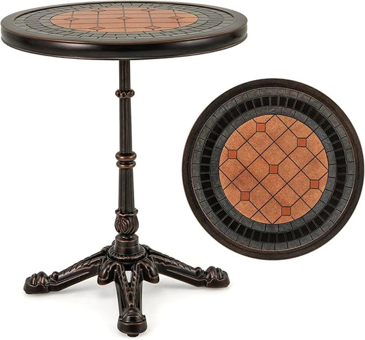 Tangkula 24" Round Patio Dining Table, Weather-Resistant Cast Aluminum Outdoor Table with Carved Texture & Painted Top, for Balcony, Garden, Backyard, Poolside