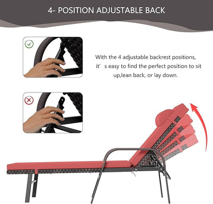 Patio Chaise Lounge Set 3 Pieces Outdoor Lounge Chair with Rattan Adjustable Backrest Armrest and Folding Table for Beach Patio,Sand, for Poolside Backyard Porch