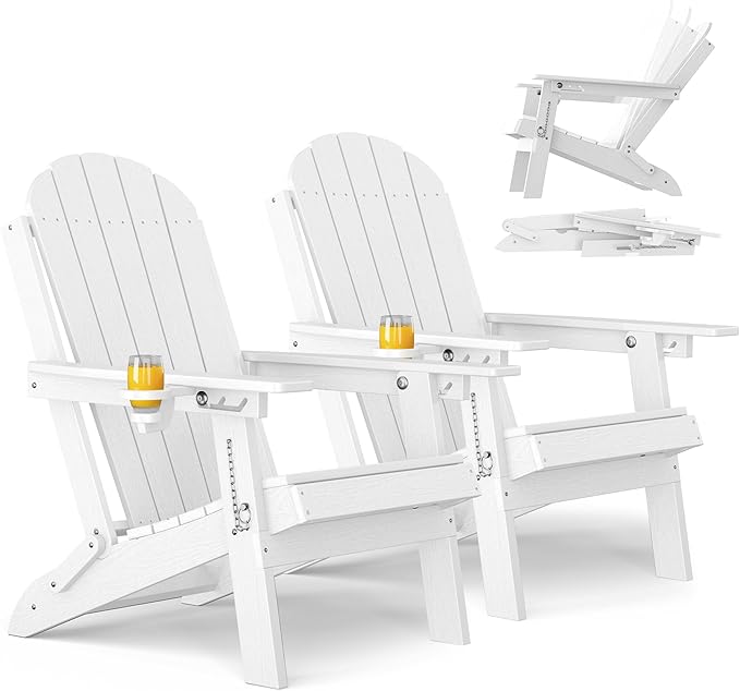 YEFU Adirondack Chair Set of 2 for Outdoor: Folding Plastic Composite Chair with Cup Holder for Patio - All-Weather Foldable Adjustable HDPE Fire Pit Adirondack Chairs - Easy Assembly