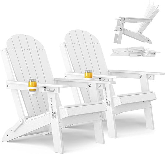 YEFU Adirondack Chair Set of 2 for Outdoor: Folding Plastic Composite Chair with Cup Holder for Patio - All-Weather Foldable Adjustable HDPE Fire Pit Adirondack Chairs - Easy Assembly