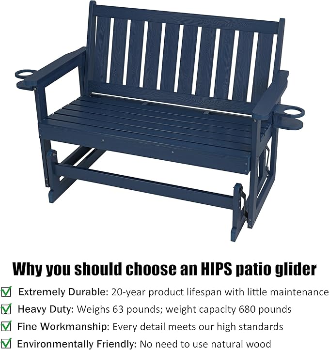 Poly Lumber Patio Glider, Durable HIPS Material, Weather-Resistant Swing Bench for Outdoor Porch Garden (Navy Blue - Photo 3