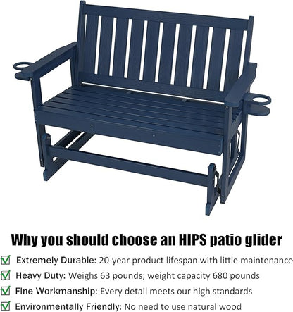 Poly Lumber Patio Glider, Durable HIPS Material, Weather-Resistant Swing Bench for Outdoor Porch Garden (Navy Blue, 2-Seater)