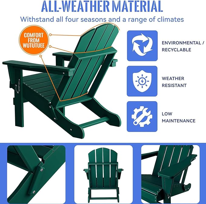 Folding Adirondack Chair, All-Weather Fire Pit Chairs, Oversized All Weather Resistant Outdoor Adirondack Chair for Firepit Area BBQ Beach Deck Garden Lawn Backyard Pool (Dark Green)
