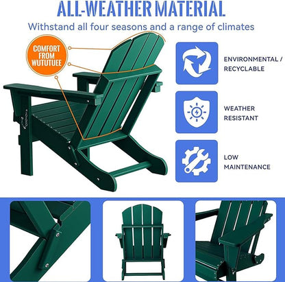 Folding Adirondack Chair, All-Weather Fire Pit Chairs, Oversized All Weather Resistant Outdoor Adirondack Chair for Firepit Area BBQ Beach Deck Garden Lawn Backyard Pool (Dark Green)