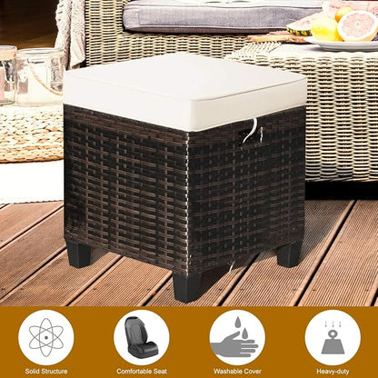 Tangkula 2 Pieces Outdoor Patio Ottoman, All Weather Rattan Wicker Ottoman Seat, Patio Rattan Furniture, Outdoor Footstool Footrest Seat w/Removable Cushions