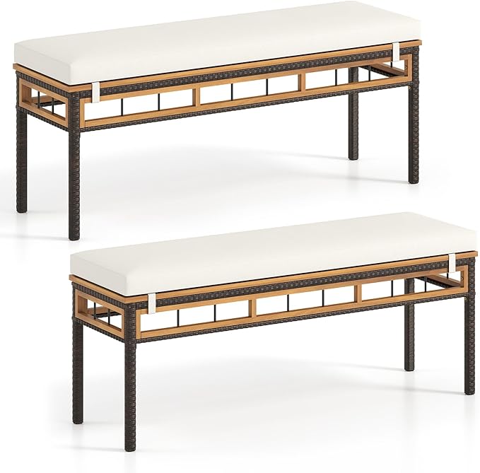 Tangkula Outdoor Wicker Bench with Removable Padded Cushion, 48" Patio Backless Acacia Wood Bench, 2-Person Outdoor PE Rattan Chair for Entryway Garden Poolside Deck (2,White)