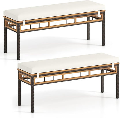 Tangkula Outdoor Wicker Bench with Removable Padded Cushion, 48" Patio Backless Acacia Wood Bench, 2-Person Outdoor PE Rattan Chair for Entryway Garden Poolside Deck (2,White)