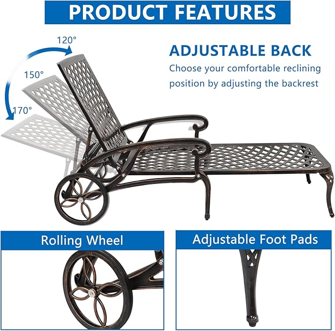 Cast Aluminum Outdoor Chaise Lounge Chair with Wheels, Patio Chaise Lounge with 3-Position Adjustable Backrest - Photo 5