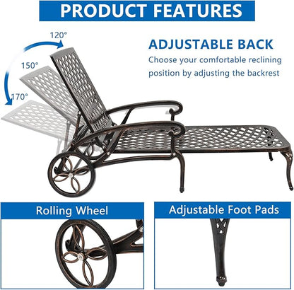 Cast Aluminum Outdoor Chaise Lounge Chair with Wheels, Patio Chaise Lounge with 3-Position Adjustable Backrest, Outdoor Tanning Chair Patio Lounge Chair (Brown)