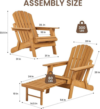Oversized Folding Adirondack Chair with Retractable Ottoman - Solid Wood Outdoor Lounge Chair for Patio Garden Backyard Porch, Weather-Resistant & Pre-Assembled, Brown
