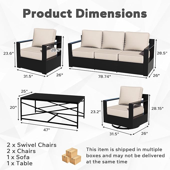 Outdoor Aluminum Furniture Set, 6-Piece Patio Conversation Set, 2 Swivel Chairs, 2 Chairs, 1 Sofa and 1 Table - Photo 3