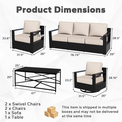 Outdoor Aluminum Furniture Set, 6-Piece Patio Conversation Set, 2 Swivel Chairs, 2 Chairs,1 Sofa and 1 Table, All-Weather Metal Frame, 6" Thick Removable Cushions, Deep Setting for Garden, Porch