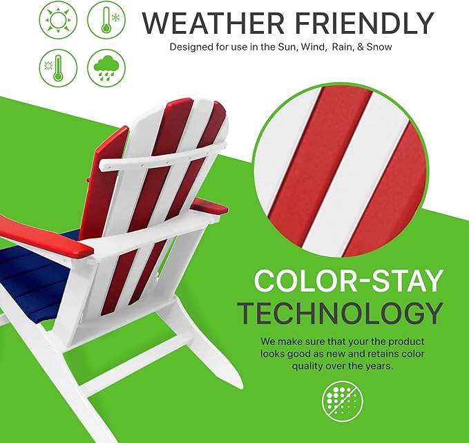 NewTechWood Atlantic Classic Curveback Plastic Weather Resistant Patio Adirondack Chair, Easy Installation, Widely Used in Outdoor, Fire Pit, Deck, Lawn, Outside, Garden Chairs (Patriot)