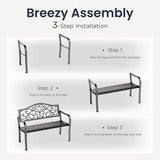 PHI VILLA 43 Inch Cast Iron Steel Frame Outdoor Garden Bench, Patio Furniture Chair Bench w/Floral Design Backrest - Photo 6