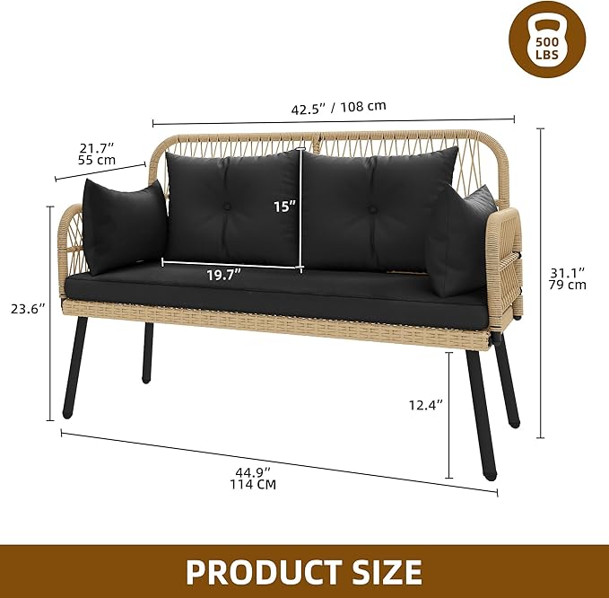 DWVO Outdoor Loveseat, Patio Wicker Furniture Set with Cushion & Adjustable Feet, Patio Couch for Garden, Balcony - Photo 2