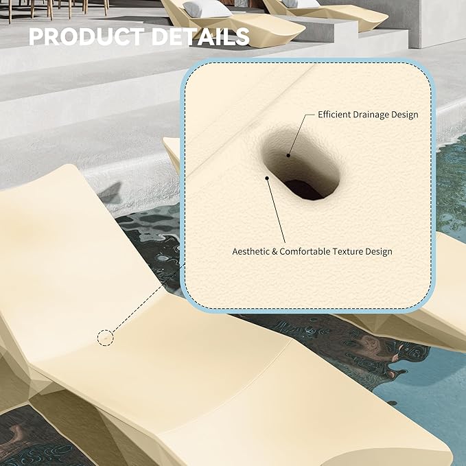 in Pool Lounge Chairs - Ergonomic Beige Pool Lounger with Efficient Drainage Design for Outdoor Relaxation, Waterproof Tanning Chairs Outdoor for Sun Shelf, Use in Pools up to 12" of Water