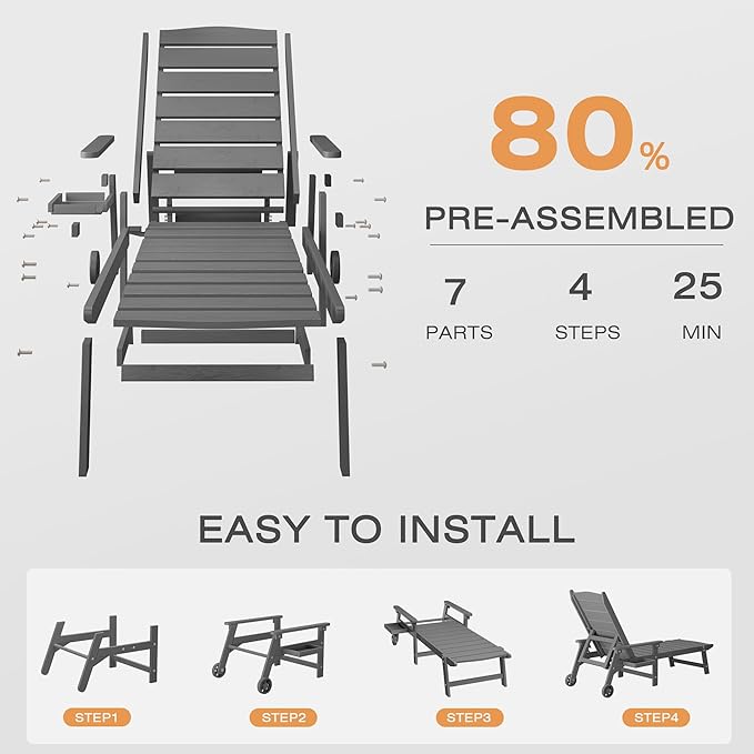 Outdoor Chaise Lounge Chair with Wheels, 6.3ft Full-Length Patio Pool Lounge Chairs,5-Position Adjustable Backrest (Flat Recline), Flip-Down Side Tray,HIPS All-Weather for Poolside, Deck,Beach