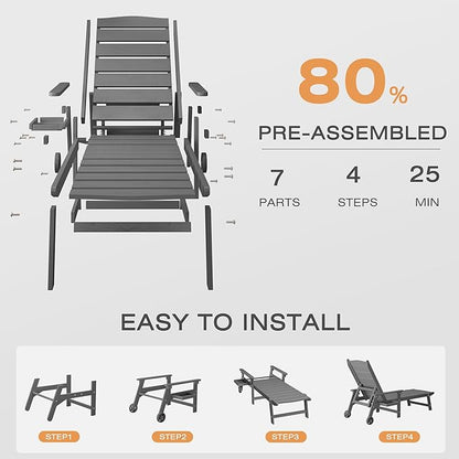 Outdoor Chaise Lounge Chair with Wheels, 6.3ft Full-Length Patio Pool Lounge Chairs,5-Position Adjustable Backrest (Flat Recline), Flip-Down Side Tray,HIPS All-Weather for Poolside, Deck,Beach