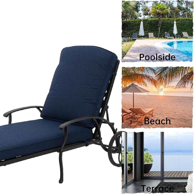 Chaise Lounge Outdoor Chair with Wheels, Adjustable Reclining Rust-Resistant Aluminum Cast Poolside Chaise Lounge Furniture Set of 2, Waterproof Denim Blue Cushion
