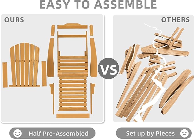 SoliWood Set of 2 Oversized Outdoor Wooden Folding Adirondack Chair with Retractable Ottoman, Wood Patio Chair with Footrest for Garden Backyard Porch Pool Deck Firepit