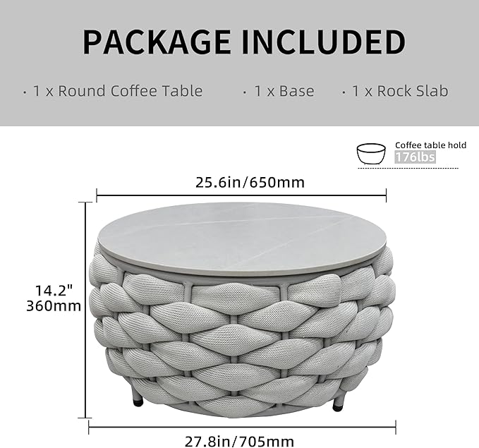 TWT Outdoor Coffee Table Round Centerpiece Table, Lightweight Accent Table with Hand Woven Rope Decor for Garden and Patio(Polyester Rope, Light Grey)