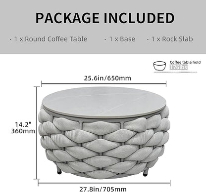 TWT Outdoor Coffee Table Round Centerpiece Table, Lightweight Accent Table with Hand Woven Rope Decor for Garden and Patio(Polyester Rope, Light Grey)