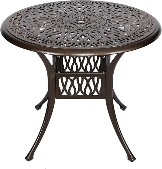 YUSING 35.4" Outdoor Dining Table,Patio Cast Aluminum Table,Furniture Set,Bistro Round Table with 2" Umbrella Hole for Kitchen,Garden,Yard