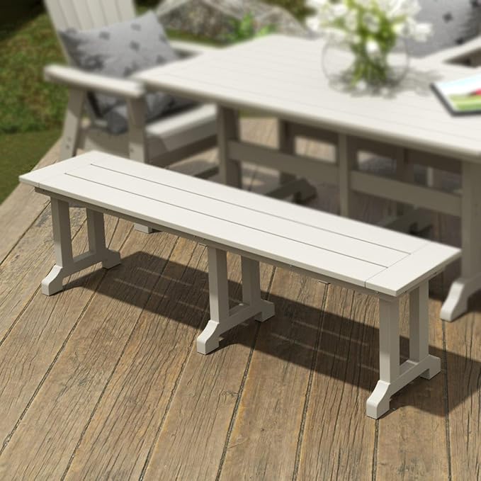 WestinTrends Malibu 65" Outdoor Dining Bench, All Weather Resistant Poly Lumber Patio Garden Bench Trestle Long Bench for Both Outdoor and Indoor, Sand