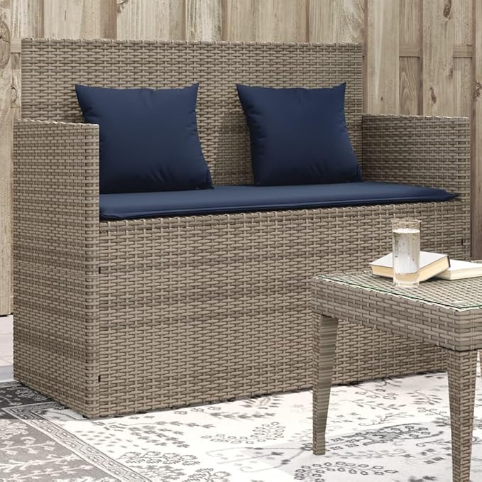 Garden Bench Deck Bench Patio Bench with Cushions Gray Poly Rattan - Photo 1