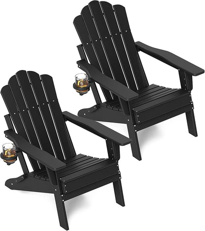 FOOWIN HDPE Adjustable Adirondack Chair Set of 2, 400lbs Heavy Duty Folding Patio Chairs with Cup Holder, 3-Position Reclining Fire Pit Seating, All-Weather Poly Lumber for Backyard, Deck-Black
