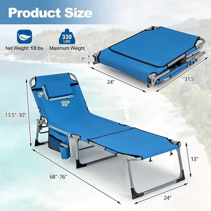 Tangkula Beach Lounge Chair, Outdoor Folding Tanning Chair with Face/Arm Hole, 2 Carry Handle, Pillow - Photo 3