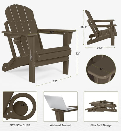 Folding Adirondack Chairs Set of 4 - Plastic Adirondack Chairs with Cup Holder, Weather Resistant for Outdoor, Patio, Lawn, Garden, Backyard Deck, Fire Pit - Dark Brown