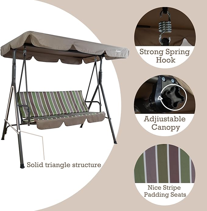 Kozyard Alicia 3-Seat Patio Swing, Outdoor Canopy Swing with Steel Frame - Photo 5