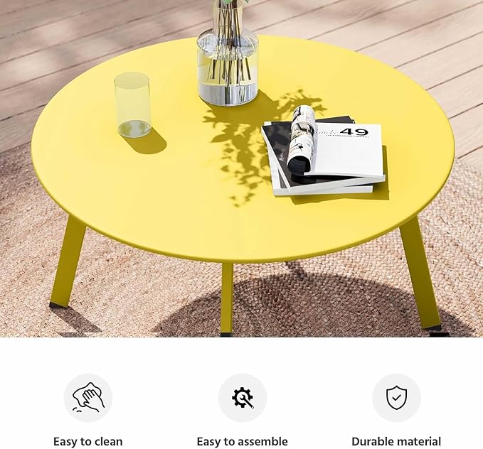 LAUSAINT HOME Outdoor Round Coffee Table, 27.6 Inch Heavy-Duty Metal Patio Table, Weather-Resistant with Square Base for Deck, Porch, Garden, Balcony, Yellow