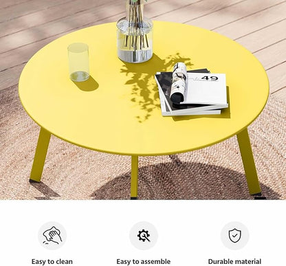 LAUSAINT HOME Outdoor Round Coffee Table, 27.6 Inch Heavy-Duty Metal Patio Table, Weather-Resistant with Square Base for Deck, Porch, Garden, Balcony, Yellow