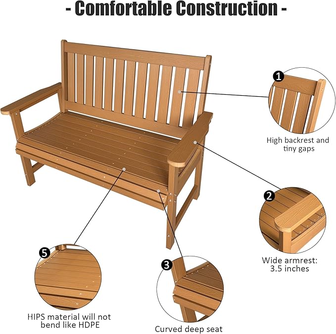 Poly Lumber Outdoor Bench, HIPS All-Weather Bench, Never Rots or Fades, for Patio, Porch, Garden and Park, 700 lbs Weight Capacity (Brown, 44-inch)