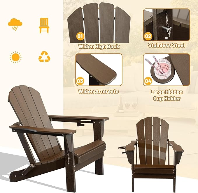 GOWE Adirondack Chairs Set of 2, Plastic Adirondack Chair, Adirondack Chairs, HDPE Adirondack Chair, Folding Adirondack Chairs, Outdoor Chairs with Cup Holder for Lawn Patio Deck Fire Pit -Brown