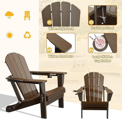 GOWE Adirondack Chairs Set of 2, Plastic Adirondack Chair, Adirondack Chairs, HDPE Adirondack Chair, Folding Adirondack Chairs, Outdoor Chairs with Cup Holder for Lawn Patio Deck Fire Pit -Brown