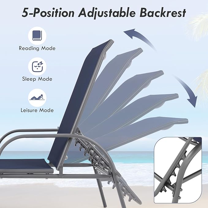 Giantex Patio Lounge Chair, Outdoor Chaise Lounge with 5 Adjustable Backrest, Sturdy Steel Frame, Sunbathing Recliner - Photo 6