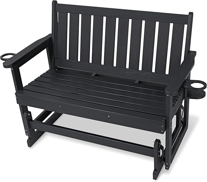 Poly Lumber Patio Glider, Durable HIPS Material, Weather-Resistant Swing Bench for Outdoor Porch Garden (Black - Photo 1
