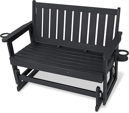 Poly Lumber Patio Glider, Durable HIPS Material, Weather-Resistant Swing Bench for Outdoor Porch Garden (Black, 2-Seater)