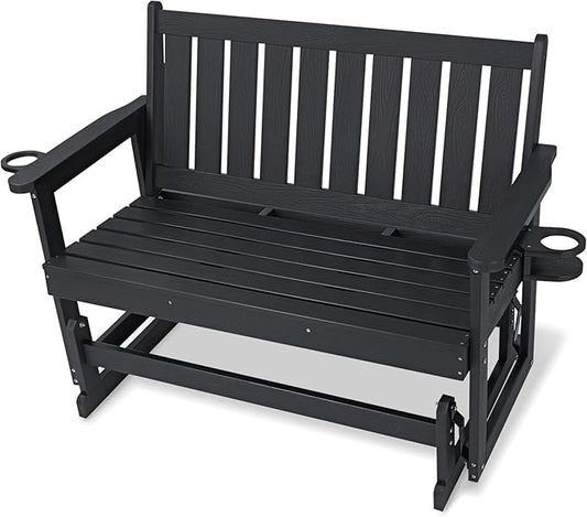 Poly Lumber Patio Glider, Durable HIPS Material, Weather-Resistant Swing Bench for Outdoor Porch Garden (Black, 2-Seater)