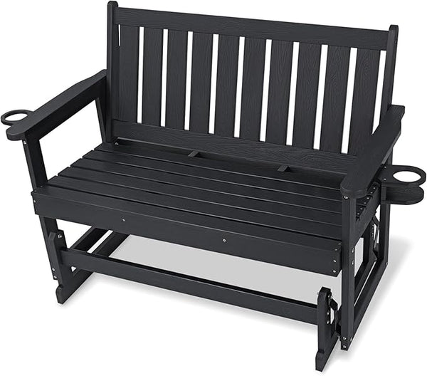 Poly Lumber Patio Glider, Durable HIPS Material, Weather-Resistant Swing Bench for Outdoor Porch Garden (Black - Photo 1