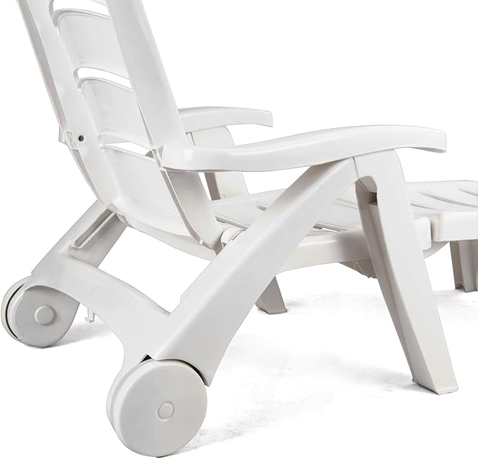 Giantex Folding Lounger Chaise Chair on Wheels Outdoor Patio Deck Chair Adjustable Rolling Lounger 5 Position Recliner w/Armrests (1, White)